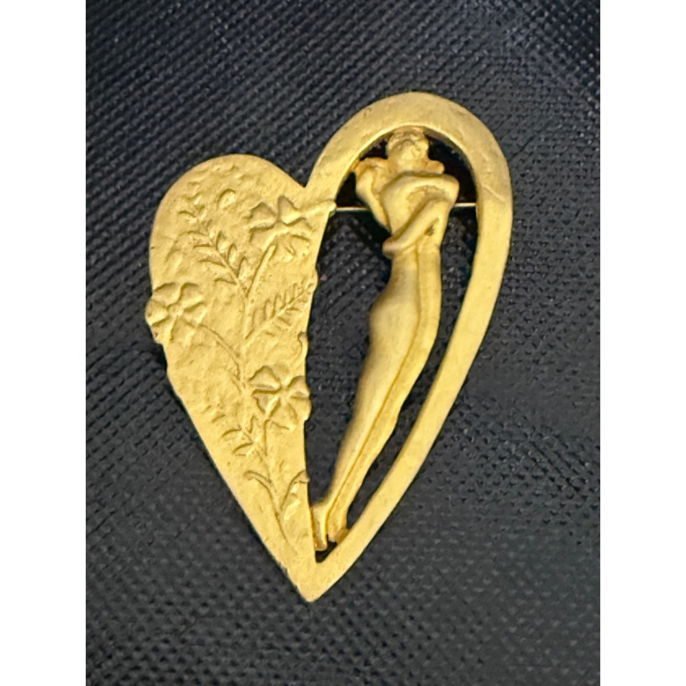Vintage Signed JJ Gold pewter Lovers in Heart Brooch/Pin Large and Rare